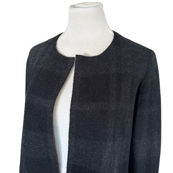 Eileen Fisher Plaid Merino Wool Open Front Long Jacket Cardigan Grey Black Small - Picture 4 of 11